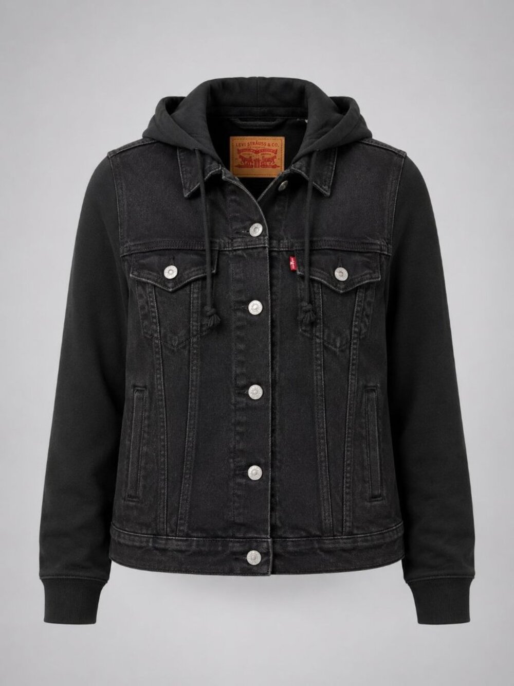 Levis Hybrid Denim Trucker Hoodie Jacket Womens Large Black Sweatshirt Sleeves